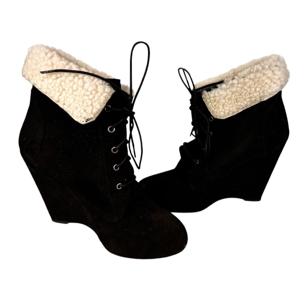 Candela 'Shiloh' Black Suede Ankle Boots Lace-up Size 6 Wedge Heels
